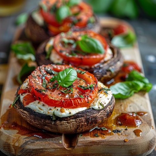 Vegan Delight: Vegan Mozzarella and Tomato Stuffed Portobello Mushrooms